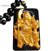 kyszdl natural black obsidian carvings guangong pendants men and women pure gold color crystal necklaces pendants jewelry gifts
