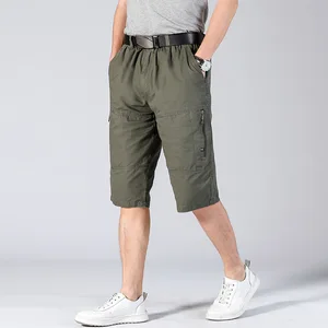 Длинные бермуды с надежным карманом на молнии для мужчин, хлопковые свободные бриджи до колен с эластичным поясом, штаны, лето мужские шорты-Карго