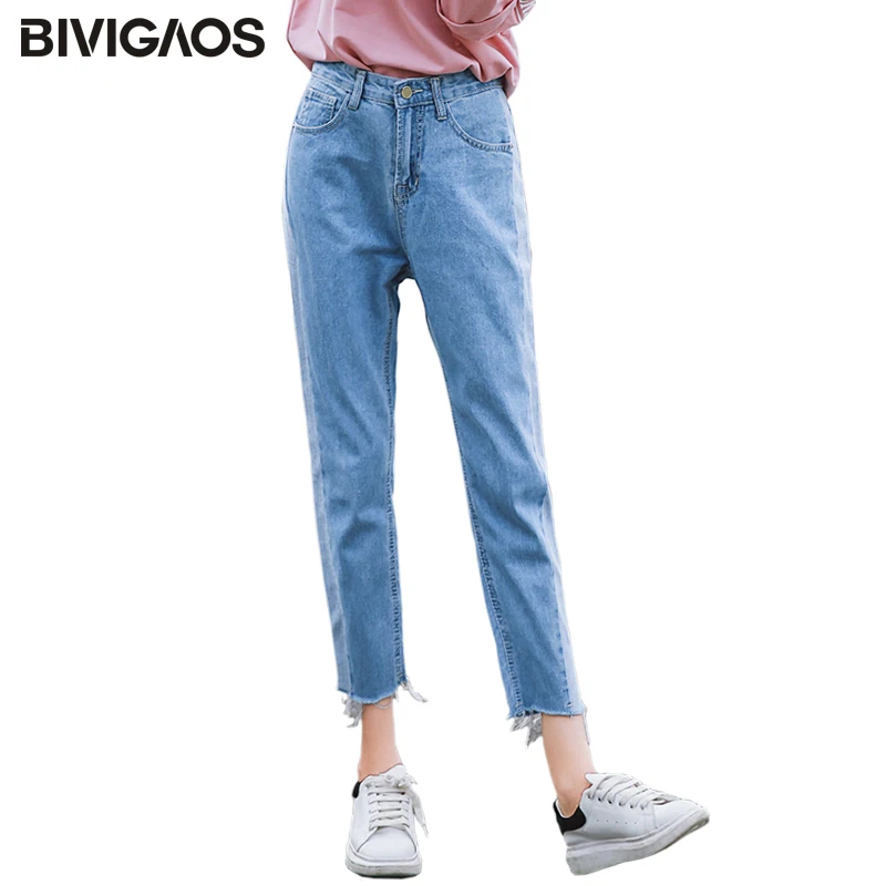 BIVIGAOS новые весенне-осенние Стиль досуга женские укороченные джинсы корейские боковые выстроченные потертые джинсовые штаны Джинсы бойфренда для женщин Прямой штаны Женские джинсы