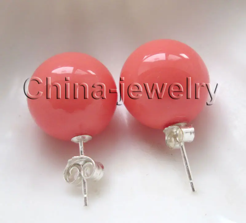 

12mm perfect round pink coral color sea shell pearl earring - 925 silver^^@^Noble style Natural Fine jewe FREE SHIPPING