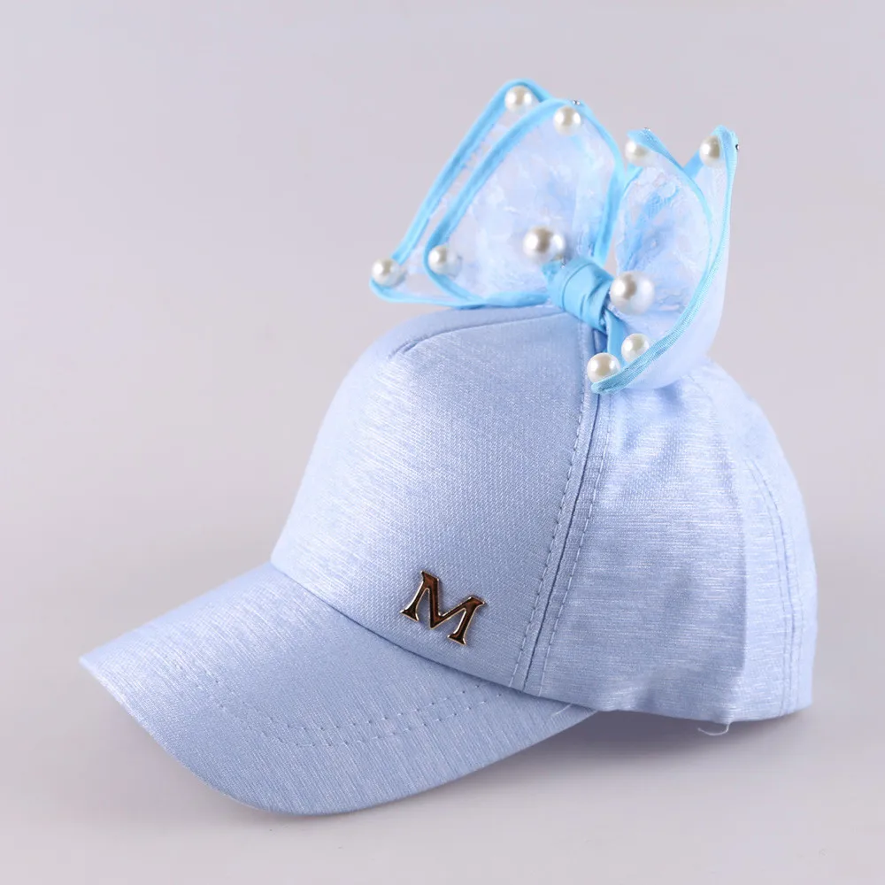 Blue Милая Весенняя шляпа для младенцев на лето для маленьких девочек с жемчугом и шляпа с бантиком пике с полосками из чёрно-М Бейсбол шапка детская шляпа девочек от солнца, кепки детские шапки - Цвет: Blue