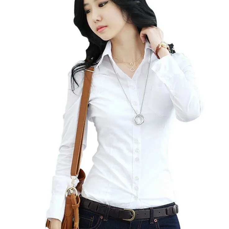 Новинка 2015 осенние женские топы однотонные белые рубашки размера плюс s 2xl с