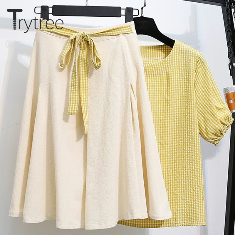 Trytree/летний женский костюм из двух предметов повседневный клетчатый топ с