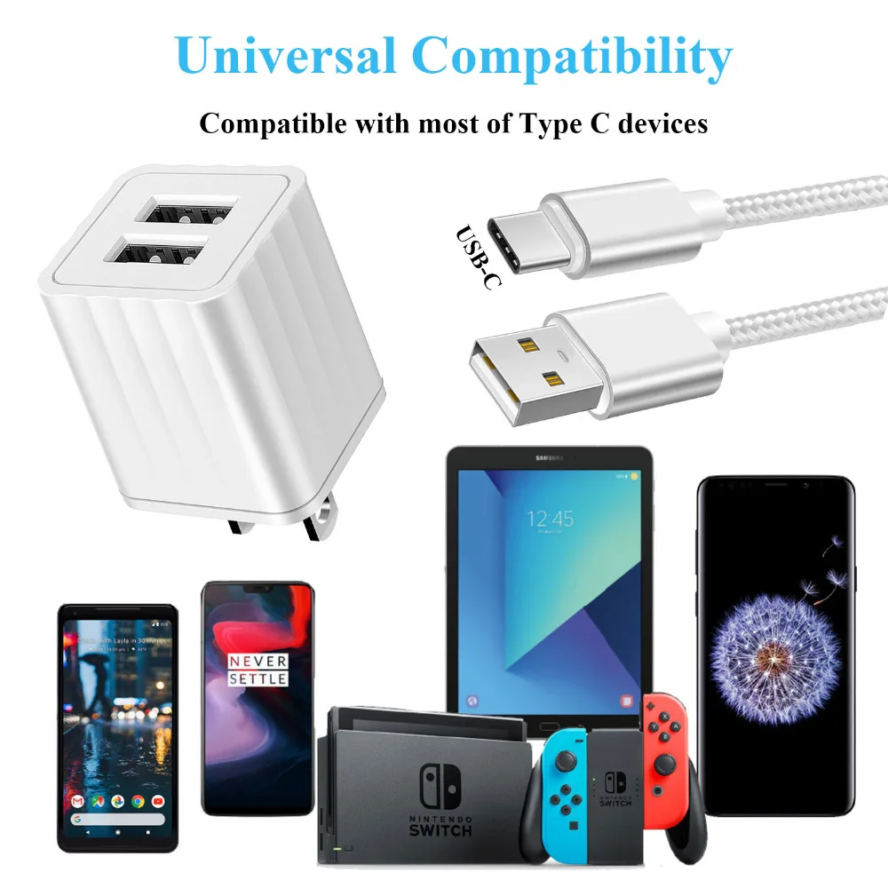 Сетевое зарядное устройство ETL с двумя USB портами и кабелем 3 фута типа C для