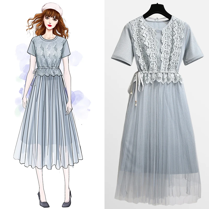 ALPHALMODA/2019 летнее женское изящное кружевное платье + длинная футболка комплект из 2
