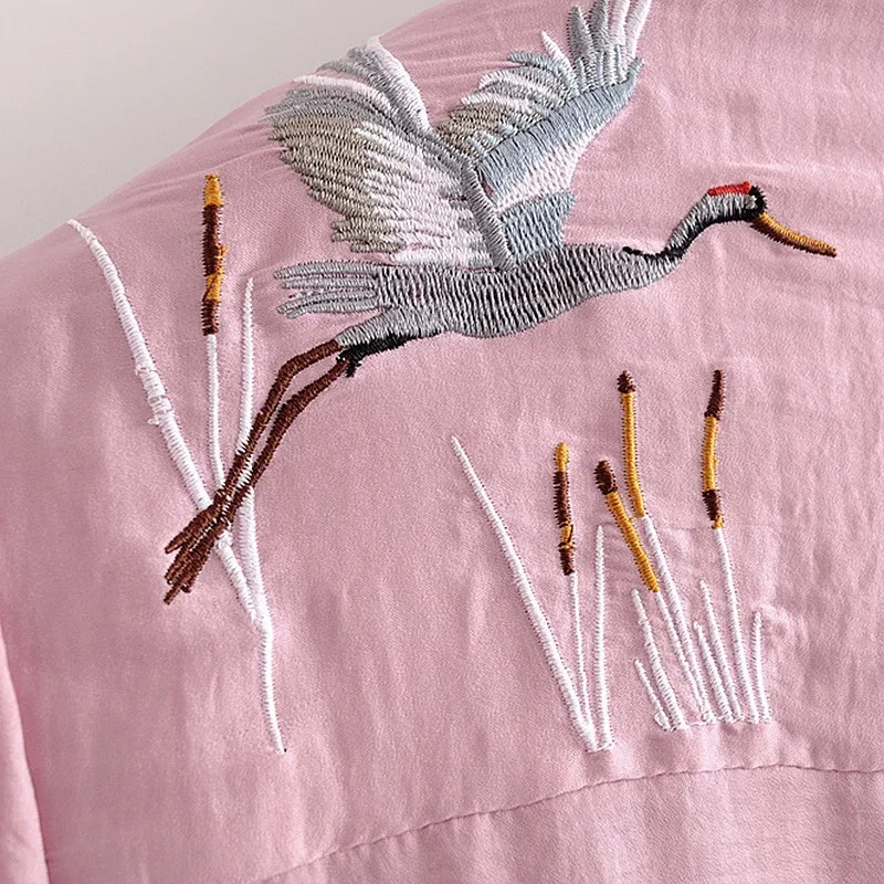 Natooda 2018 Для женщин летние длинный рукав Crane Embroidery Твердые Кнопка отложной