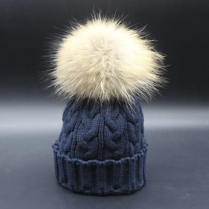Женская шапка Skullies Beanies Зимние шапки для женщин 18 см большой натуральный мех помпон шапка женская твист вязаные шапки