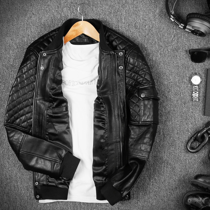 Spring Autumn Male Clothing Mens Sheepskin Genuine Leather Jackets Short Slim Stand Collar Overcoat Men Black Smart Casual Coats | Мужская