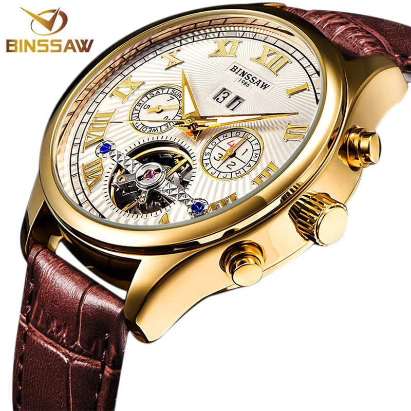 BINSSAW Мужские автоматические механические часы Tourbillon из натуральной кожи мужские