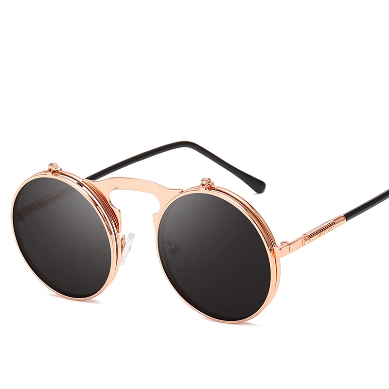 Rose Gold Gray Длинные солнцезащитные очки, флип, солнцезащитные очки в стиле стимпанк, складные, для мужчин и женщин, двойные линзы, прозрачная оправа из сплава, очки, тени UV400 - Цвет линз: Rose Gold Gray