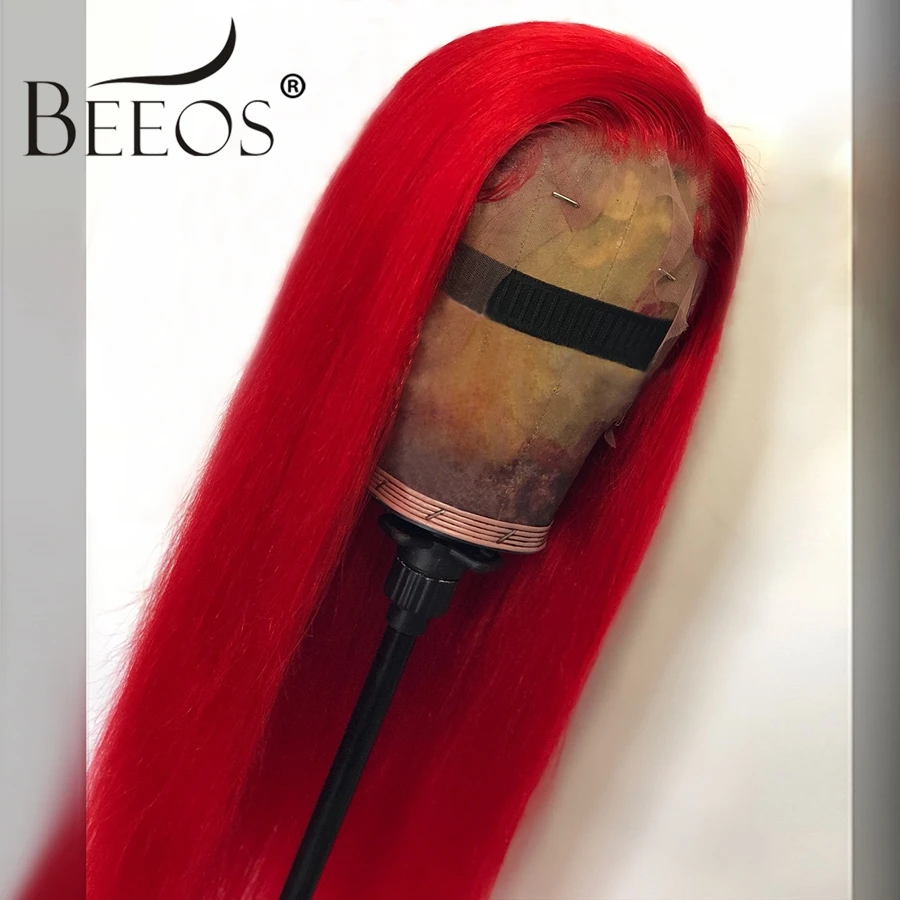 Beeos Красные 13*6 парики из натуральных волос на кружеве для женщин прямые парики из перуанских волос
