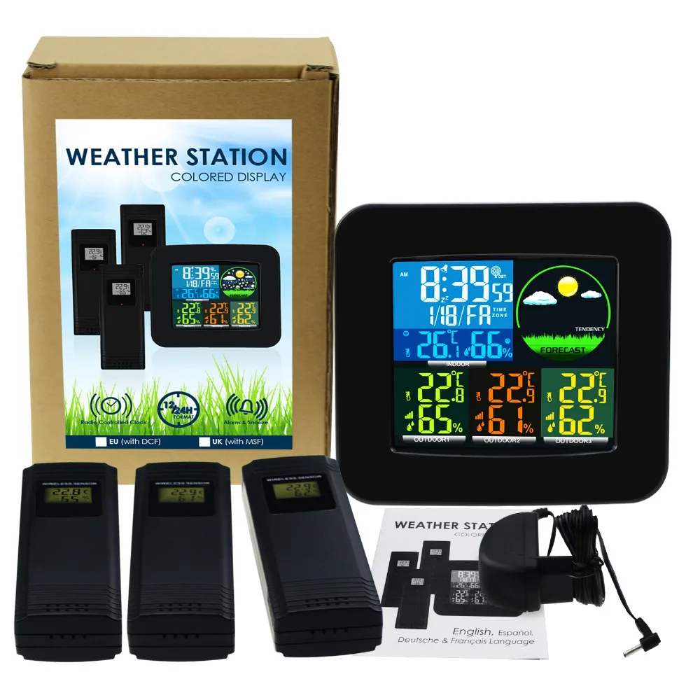 Цифровая метеостанция с 3 беспроводными датчиками RCC DCF MSF термометр и гигрометр