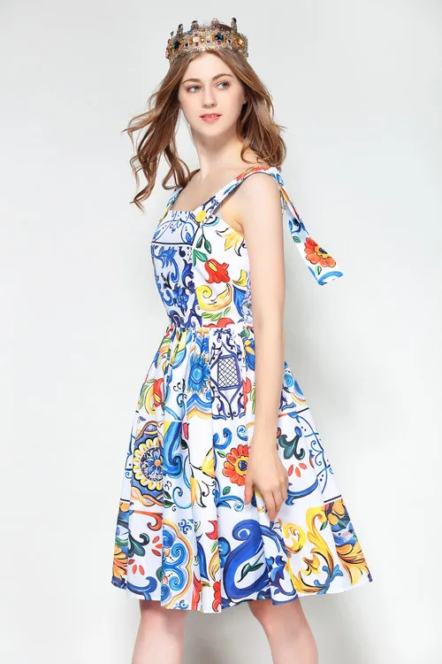 2019 New Dresses Women Summer Dress Vacation Holiday Style Blue Print Spaghetti Strap Vestidos | Женская одежда