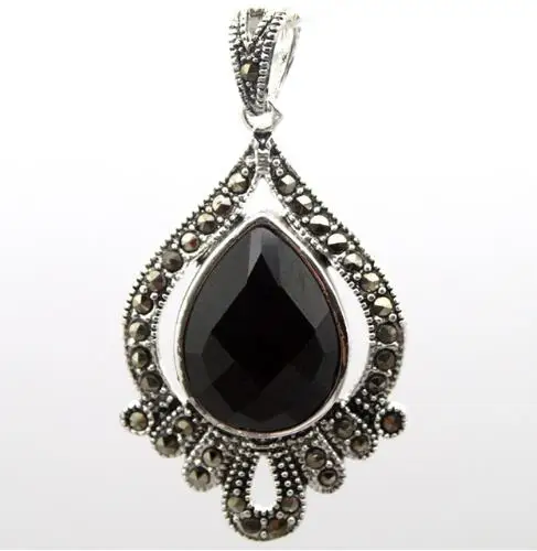 LL 302 &ltMarcasite милый граненый черный каплевидный кулон из стерлингового серебра 925