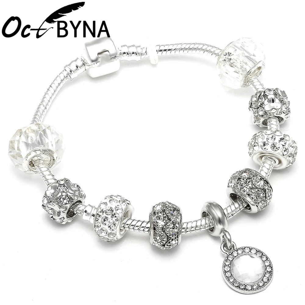 Octbyna классические серебряные подвески бусины браслет цепочка и браслет с черным сердцем Шарм бренд браслет для женщин ювелирные изделия подарок