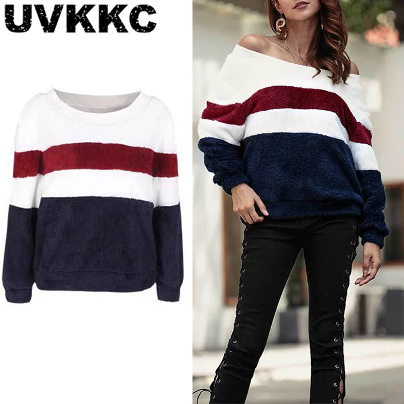 Uvkkc Women Hoodies 2019 New Winter Fashion Female Sweatshirts Pullover Patchwork Striped Loose Warm Casual For | Женская одежда