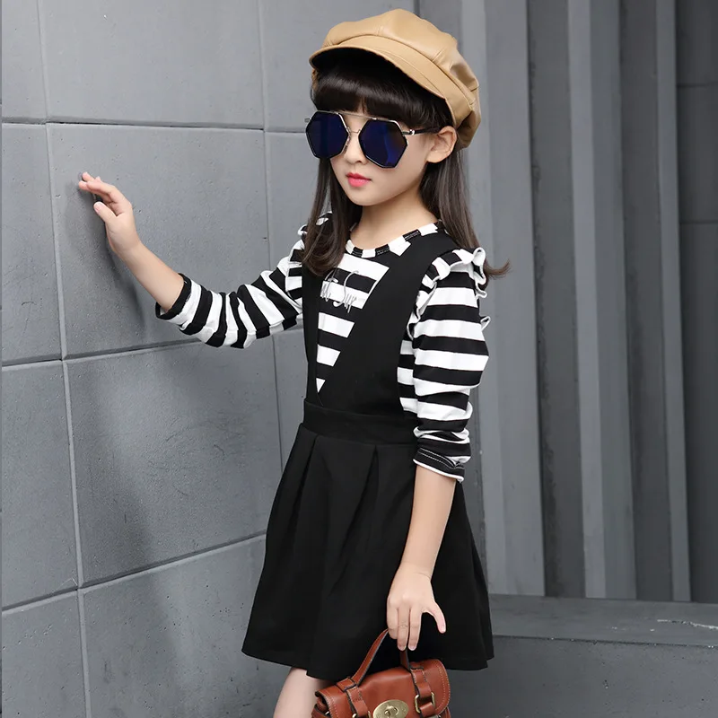 Новинка осени 2019 детские футболки в полоску + платье-жилет комплекты из двух