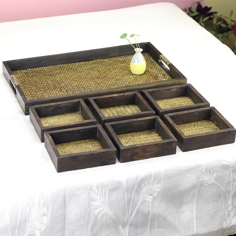 7pcs/set Wood&ampRattan Serving Trays with Handle Nesting Multipurpose - for Breakfast Coffee Table/Butler & Chinese Tea | Дом и сад