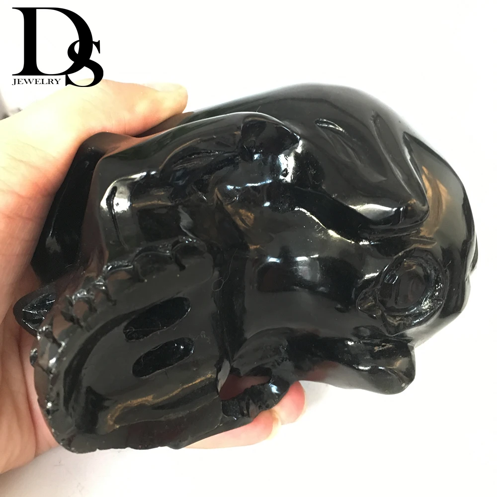 

Natural Black Obsidian Horn Skull Figurine Movable Jawbone Mandible Hand-Carved Quartz Crystal Skull Healing Crystal