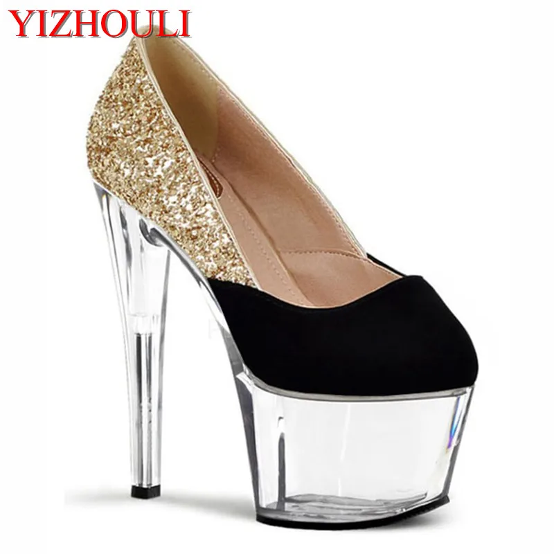 Gold bridal crystal high heels, sparkling high heels, women sequined dancing shoes 17cm