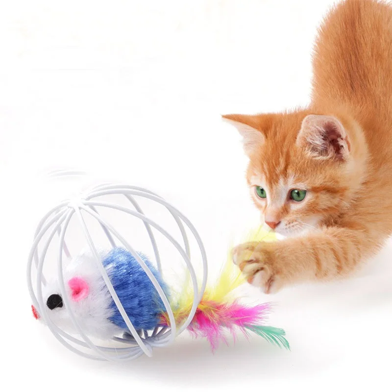Игрушки для кошек железная клетка перо плюшевая мышь кошка котенок смешные