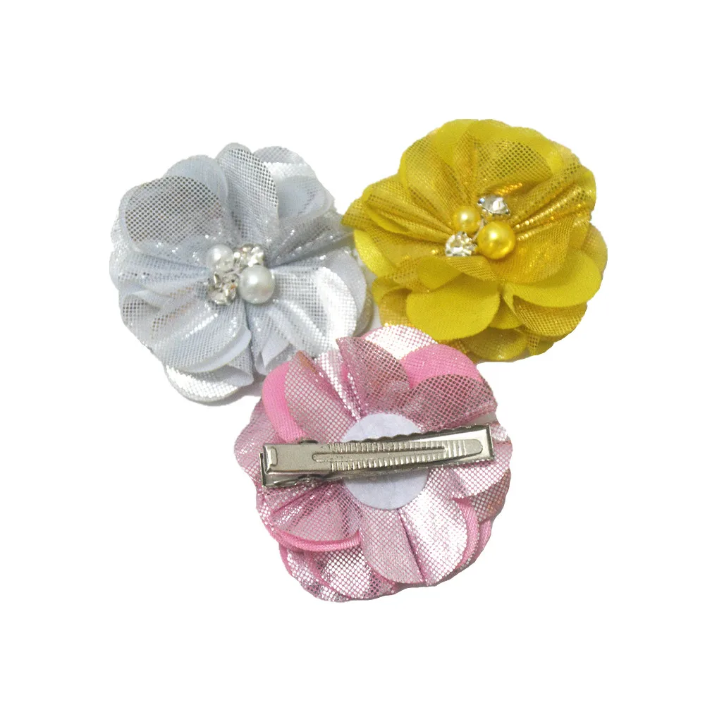 

60pcs/lot 5.5CM Newborn Chiffon Ruffled Chiffon Flower With Clips Metallic Chiffon Flower With Rhinestone Center