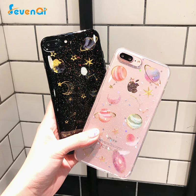 Sevenqi Роскошный блеск звезд Чехол для iPhone 7 плюс 6 6S сверкающих Сатурн Луна кремния