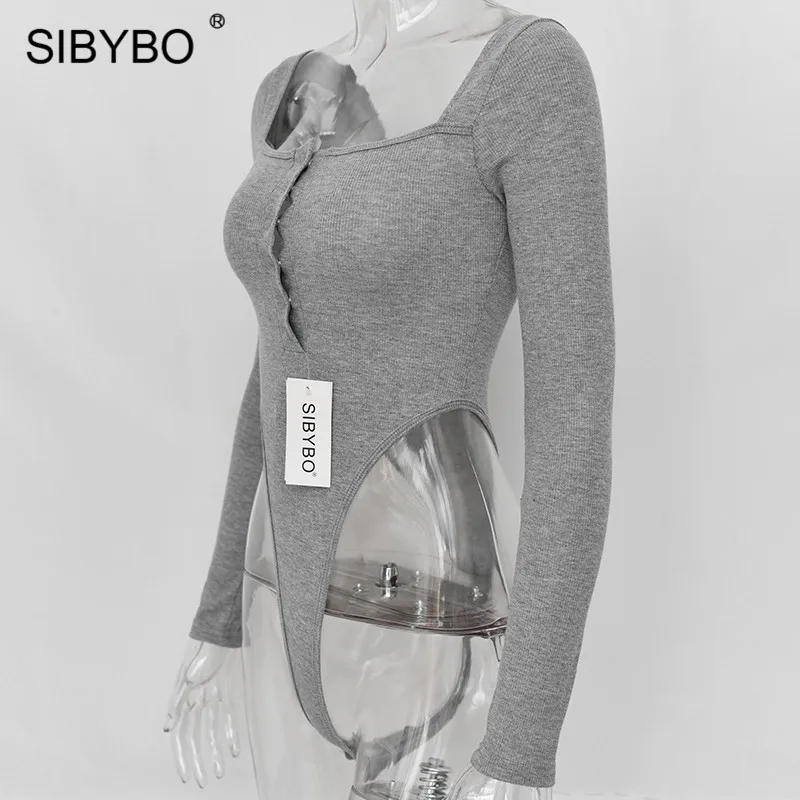 Sibybo, хлопковый сексуальный женский комбинезон с вырезом лодочкой, Осень-зима, Облегающий комбинезон с длинным рукавом, Женский Повседневный комбинезон с пуговицами