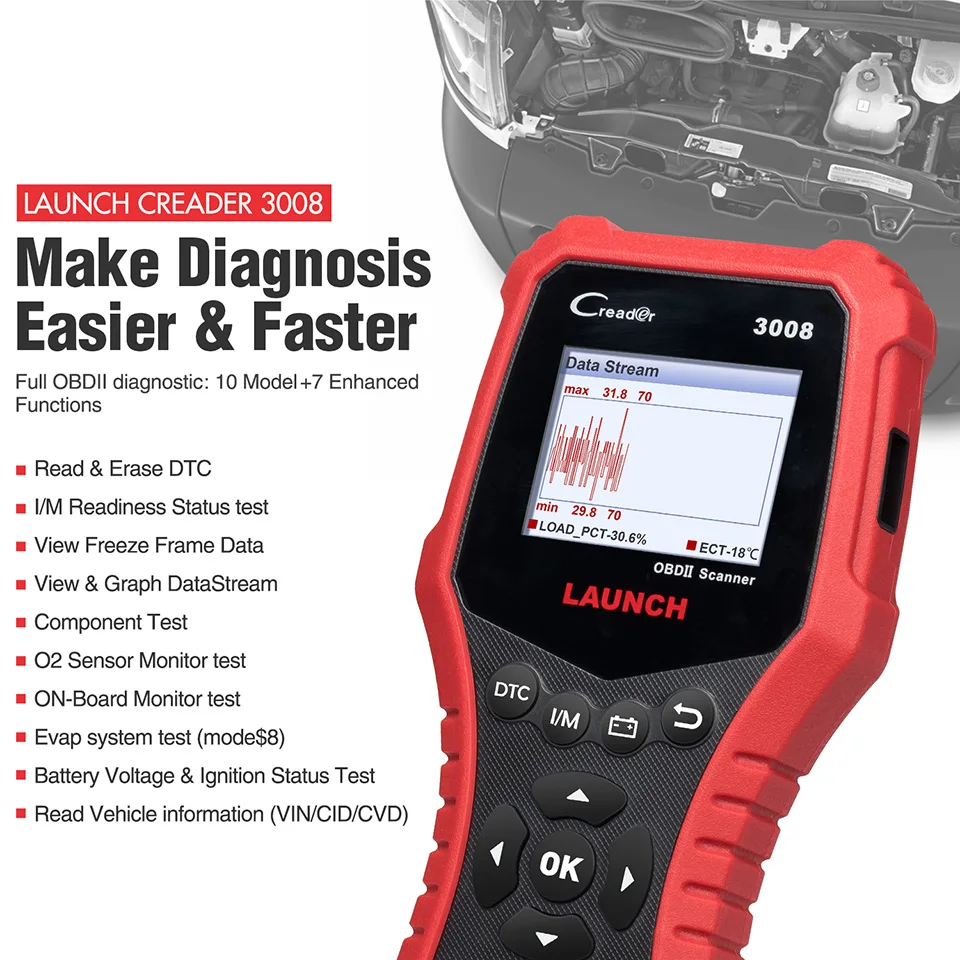 LAUNCH X431 CR3008 obd2 сканер для чтения кодов поддержка полной диагностики obdii+ тест напряжения батареи Creader 3008 бесплатное обновление онлайн