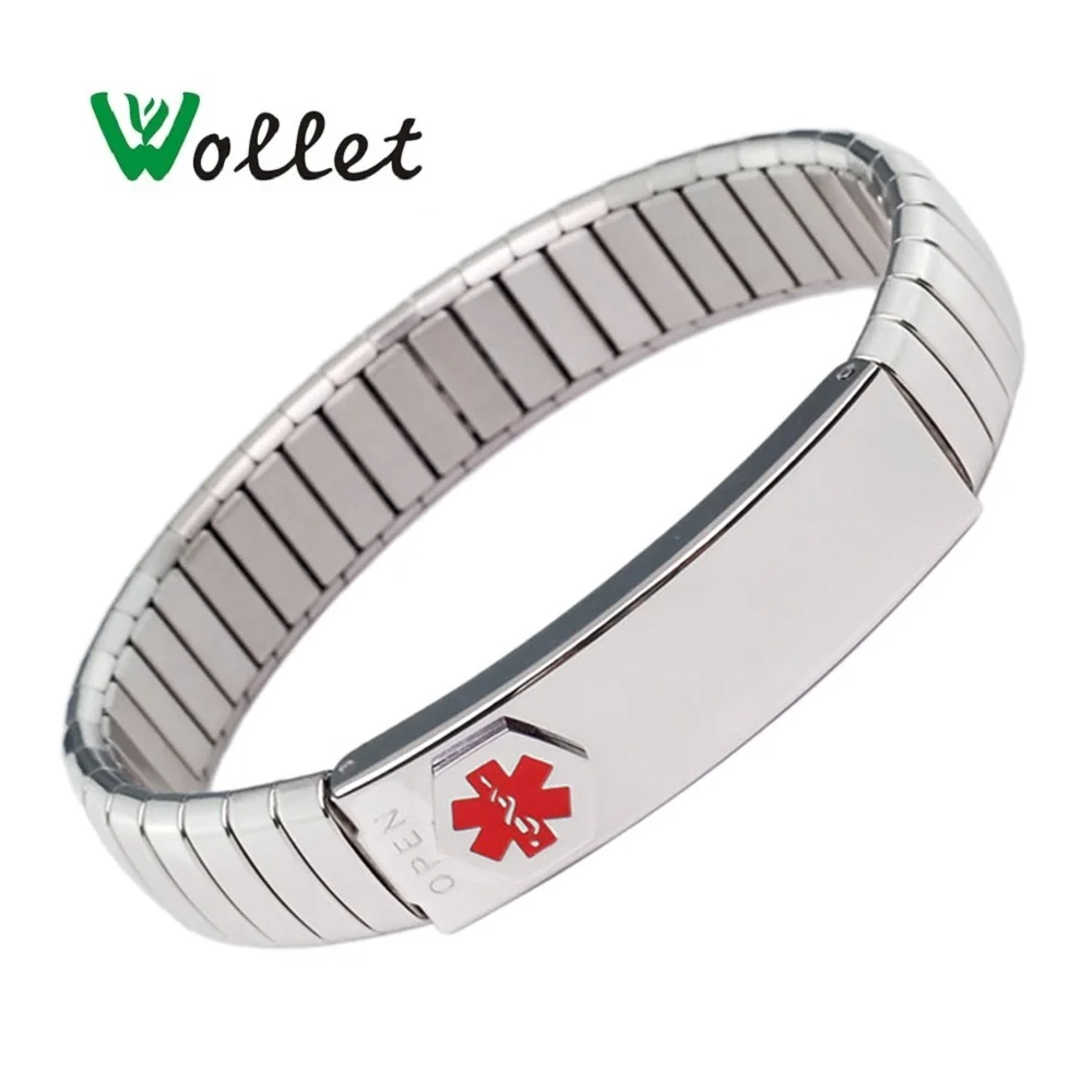 Wollet Jewelry ID Bangle Elastic Stainless Steel Medical Alert Bracelet for Men Women Personalised Customized Medical Card - Окраска металла: No Plating 20cm