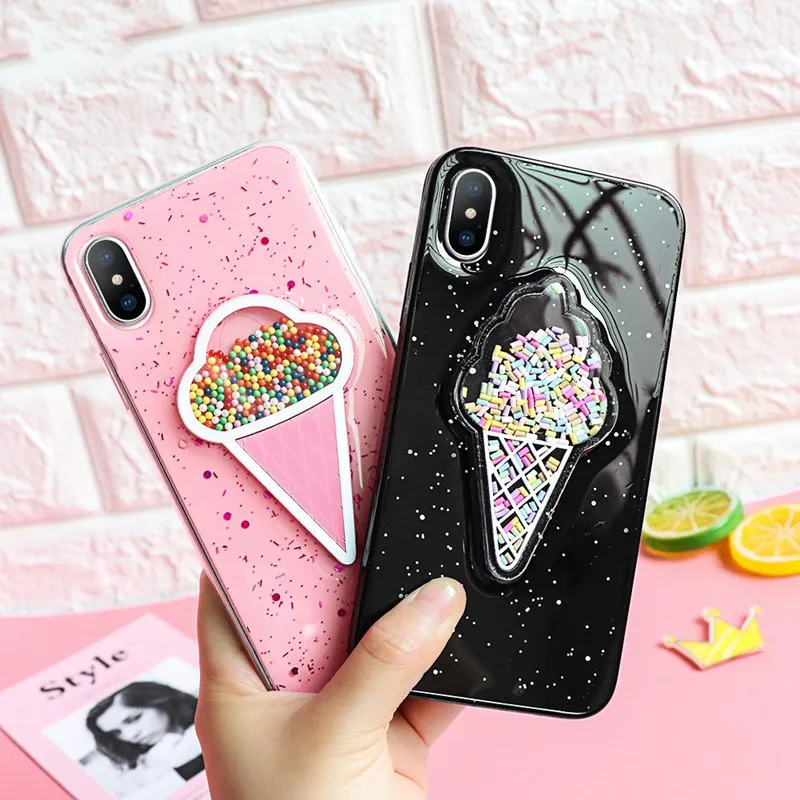 Розовый 3D чехол для телефона с мороженым Iphone 6 s Plus блестящий жидким песком IPhone XS Max