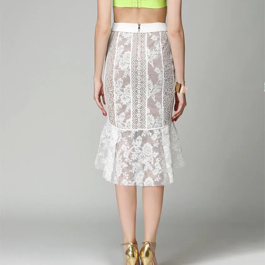 

2018 summer new European station patchwork fishtail skirt lace hook flower hollow out perspective high waist fishtail skirt L304