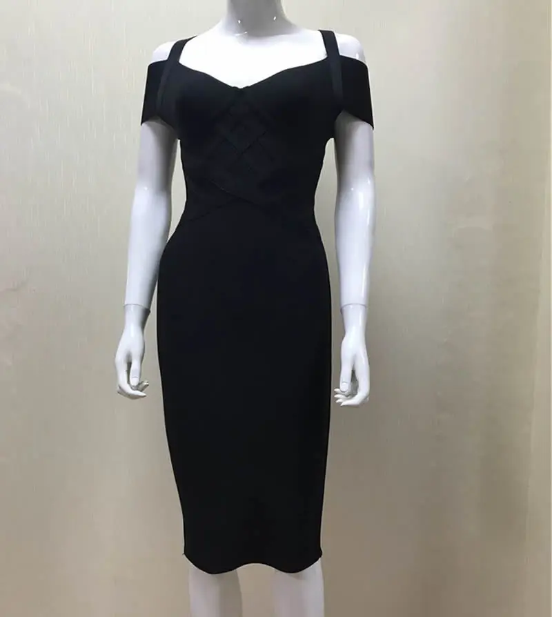 

Bodycon Summer V Neck Bandage Off Shoulder Dress Orange Black Knee Length Party Dress Women Evening