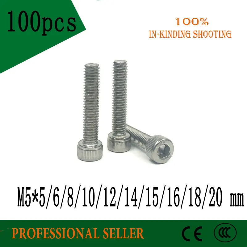 

100pcs M5 DIN912 304 Stainless steel Hexagon Hex Socket Head Cap screw Metric Thread M5*5/6/8/10/12/14/16/18/20 mm Cylinder Bolt