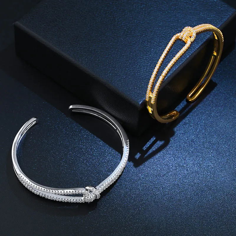 OCESRIO Gold Knot Cuff Bracelets Cubic Zirconia Stones Designer Crystal Metal Bangles for Women Luxury Jewelry brt-b30 | Украшения и
