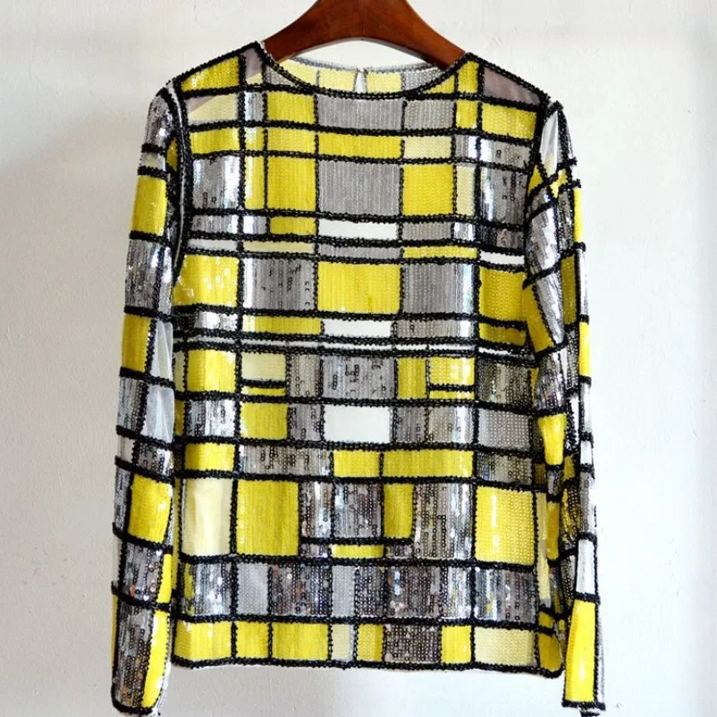 

Женский топ с блестками, роскошный клетчатый топ в клетку с бисером и блестками, Прозрачный Длинный топ с круглым вырезом и длинным рукавом