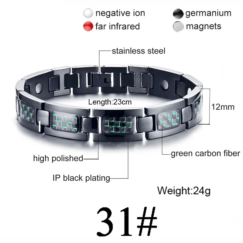Green Black 31 Для женщин и мужчин, забота о здоровье, германий, магнитный браслет для артрита и карпального туннеля, 316L, нержавеющая сталь, терапевтические браслеты - Окраска металла: Green Black 31