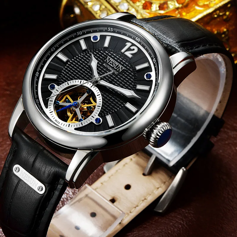 SilverBlack NESUN Роскошные Лидирующий бренд для мужчин Tourbillon полые автоматические механические наручные часы водонепроницаемый спортивные часы Relogio Masculino - Цвет: SilverBlack