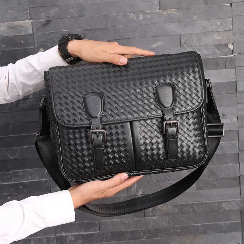 Kaisiludi leather woven bag mailman bag overlay  briefcase large capacity travel bag cowhide oblique cross bag