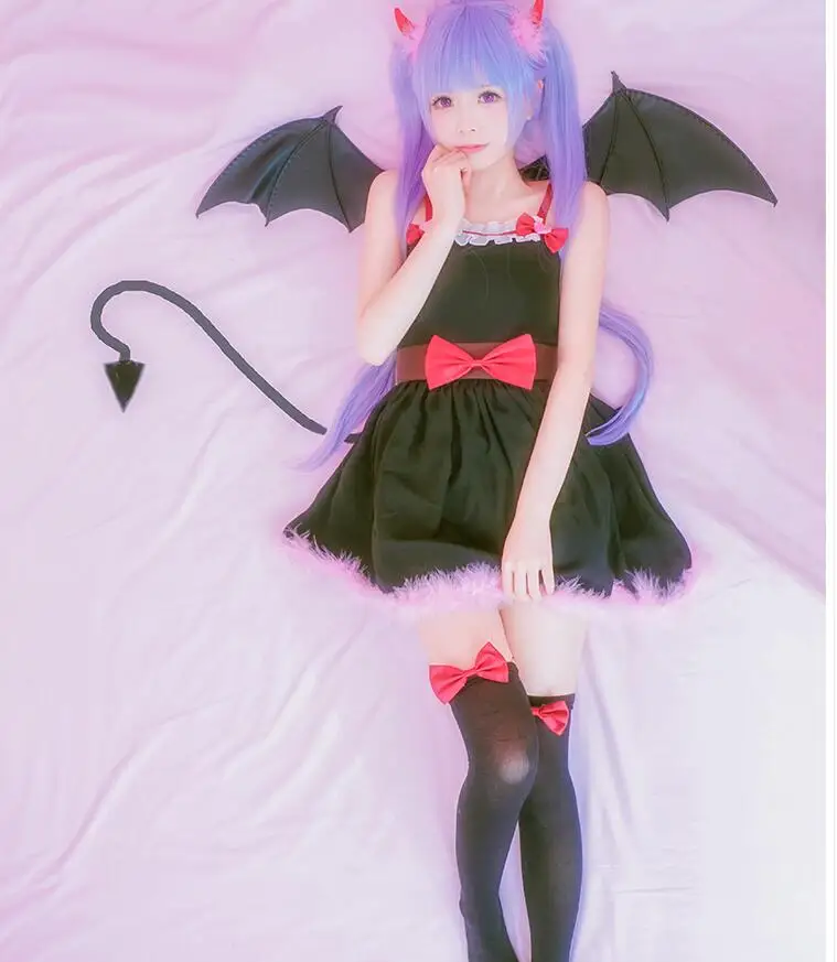 

Free shipping Anime new game Cosplay Suzukaze Aoba Cos Halloween Party Full set 4in1(Demon horns + skirt + socks + socks bow)