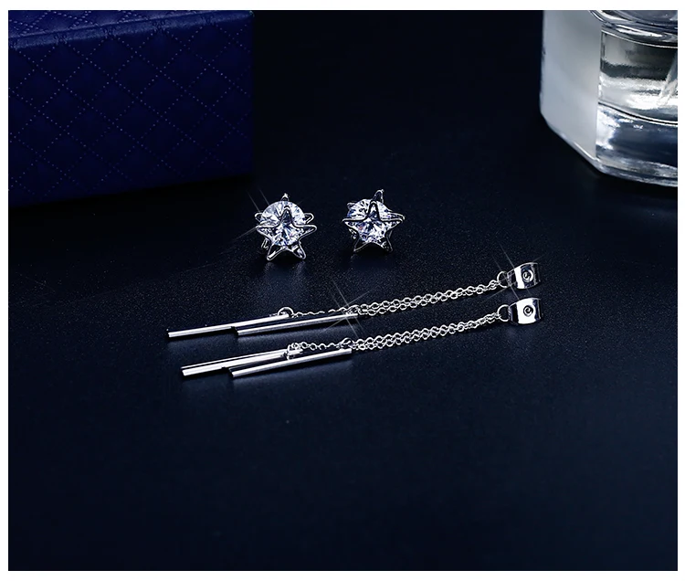 Pendientes Flecos 2018 Korean Elegant Women Long Earring White Zirconia Star Tassel Earrings For Girls Charm Pendant Snake Chain | Украшения