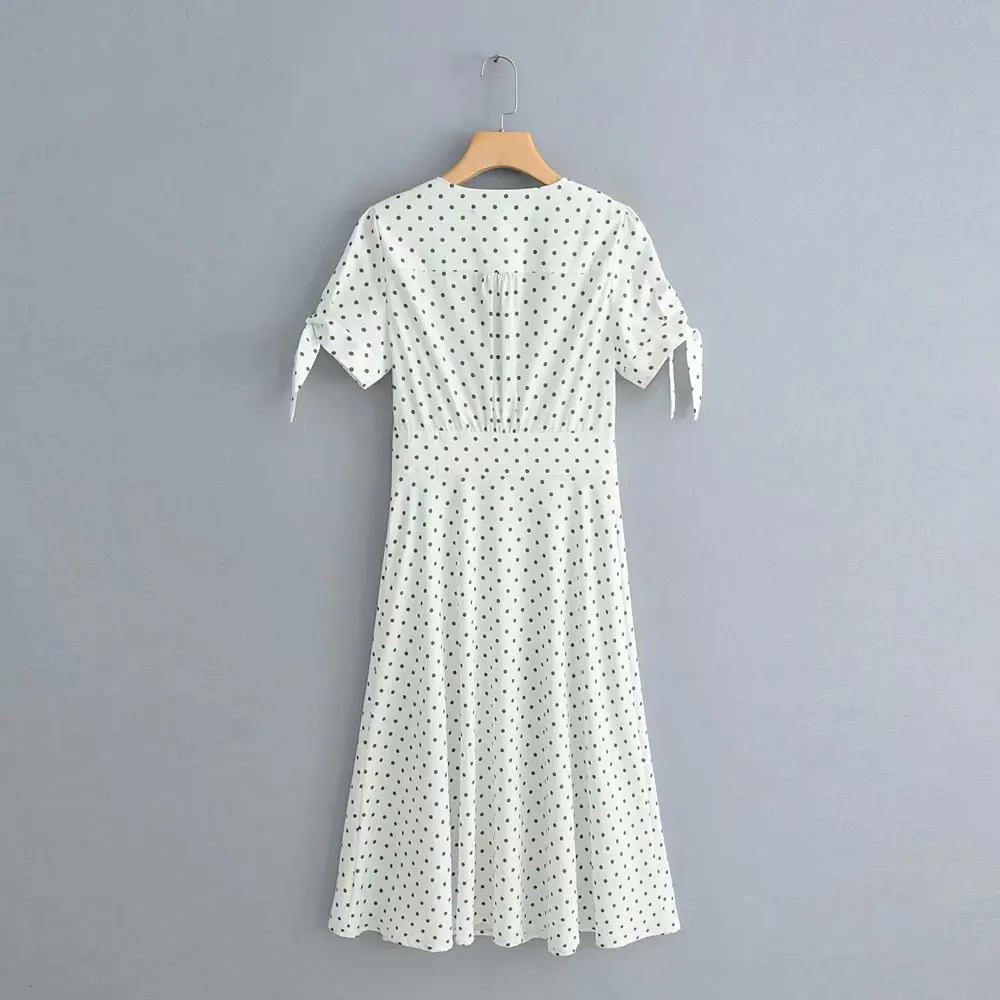 v образным вырезом зеленым принтом в горошек женское платье миди с шикарным