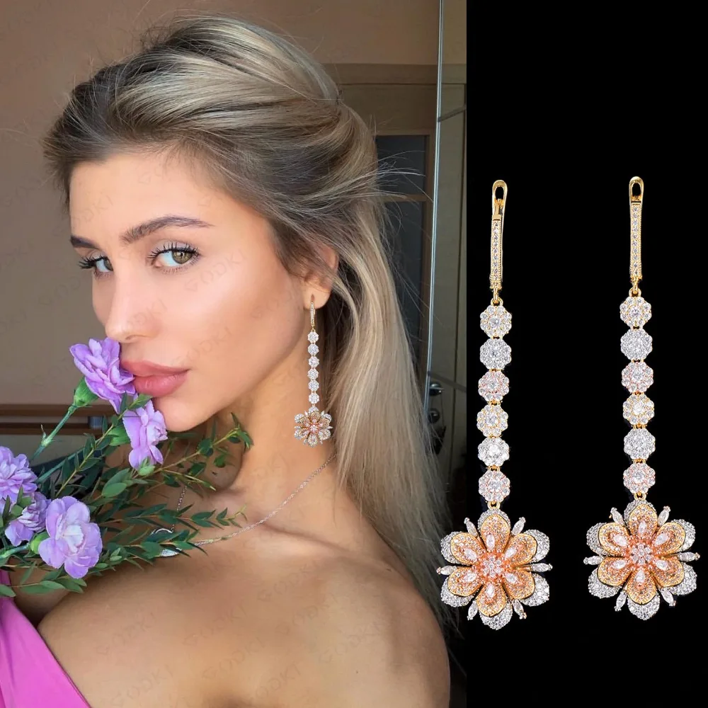 GODK 80MM Luxury Flower Long Dangle Earrings For Women Wedding Full Micro Cubic Zircon Crystal CZ Dubai Bridal Big Drop | Украшения и