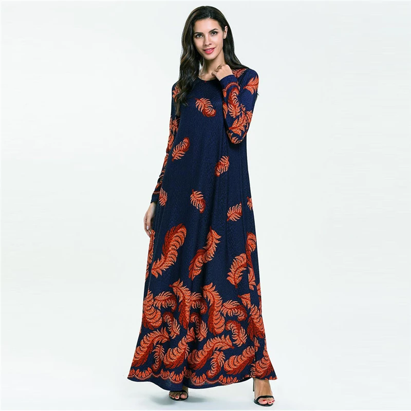 1PC Muslim Women's Dress Long-sleeved Fashion Print O-Neck England Style Middle Eastern Long Dropship Apr | Тематическая одежда