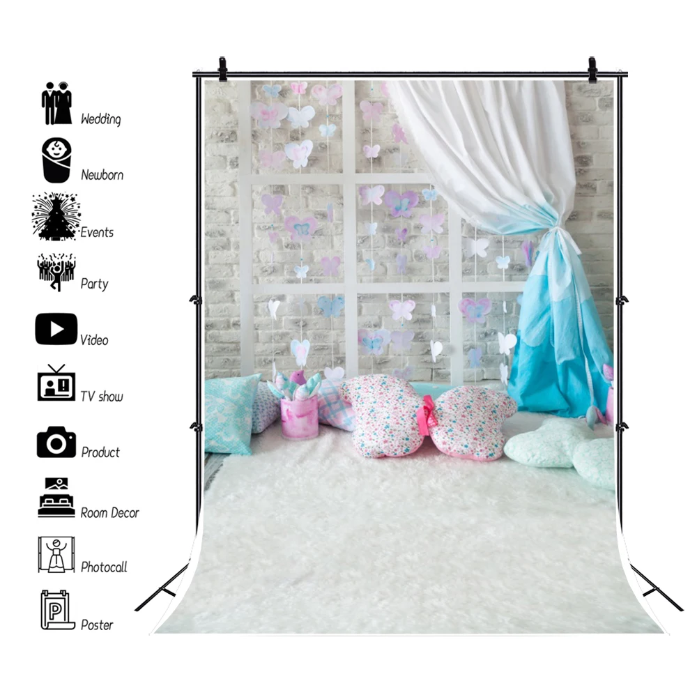 

Laeacco Gray Brick Wall Gift Curtain Party Blanket Child Portrait Room Interior Photo Background Photo Backdrops Photo Studio