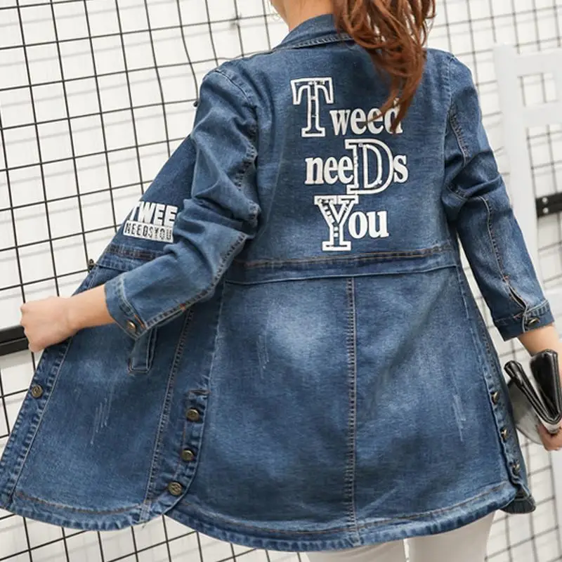 XXXL плюс размер джинсовая куртка Повседневная джинсовая куртка с длинным рукавом Женские стопы - Цвет: Синий