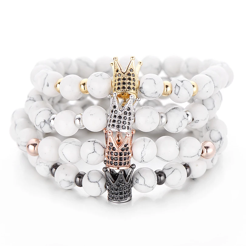 Punk Style Fashion CZ Imperial Crown Strand Bracelets For Men Pulseiras Vintage Women Bangles 8mm Matt Stone Bracelet | Украшения и