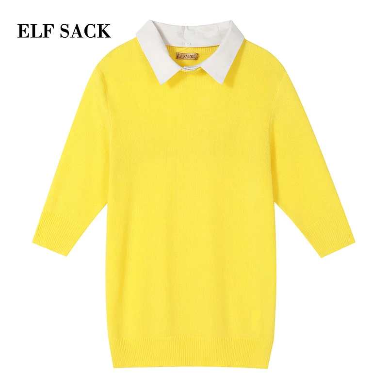 Женский однотонный свитер ELF SACK желтый хлопковый в стиле пэчворк со съемным