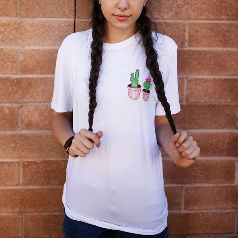 Мода Лето 2017 Для женщин Элегантный кактус печати Вышивка белая футболка с