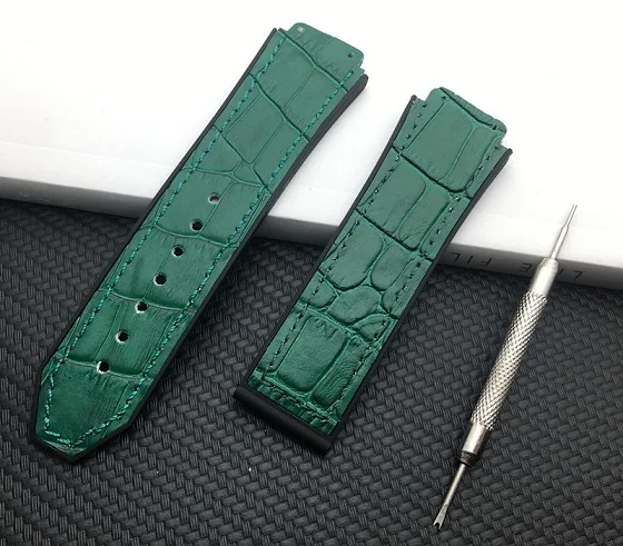 Green Синий, красный, белый 25*19 мм из натуральной коровьей кожи резиновый ремешок для часов Hublot ремешок для Big Bang ремень часы ремешок Бабочка Пряжка Инструменты - Цвет ремешка: Green